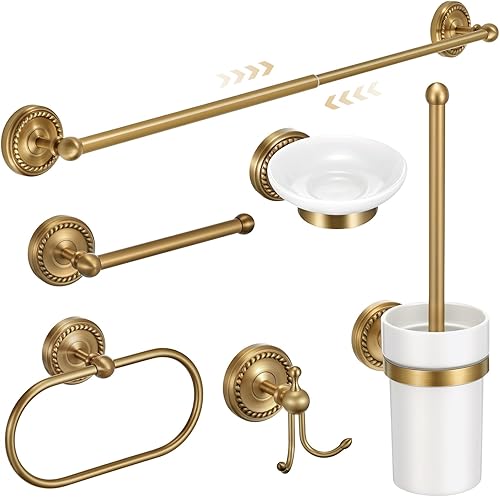 Miniatura 11 de Juego de 4 Piezas de Accesorios de Baño de Latón Antiguo Dorado Montados en la Pared Toallero y Anillo para Toallas y Portapapel Higiénico y Gancho