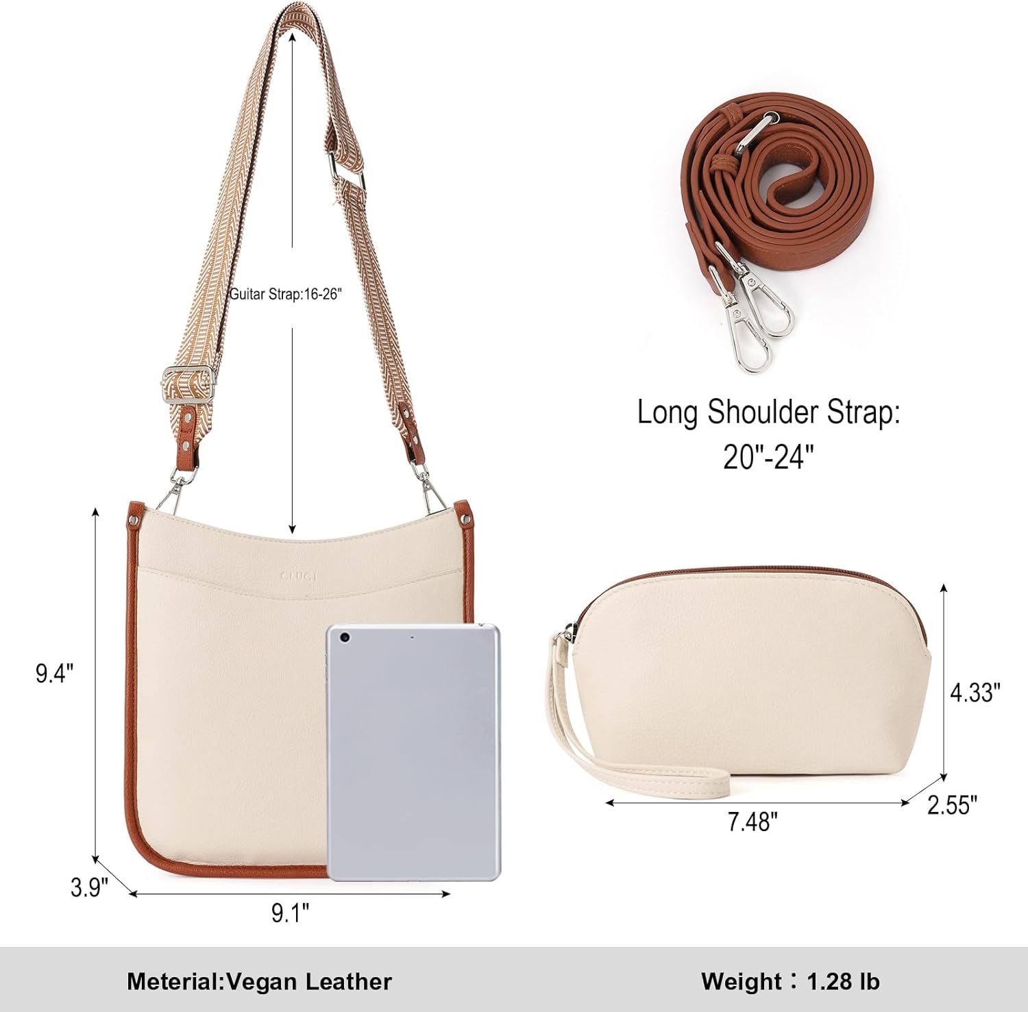 CLUCI Purses for Women, Vegen Leather Crossbody Bags for Woman Trendy, 2PCS Hobo Handbag with 2 Adjustable Guitar Strap - Image 3