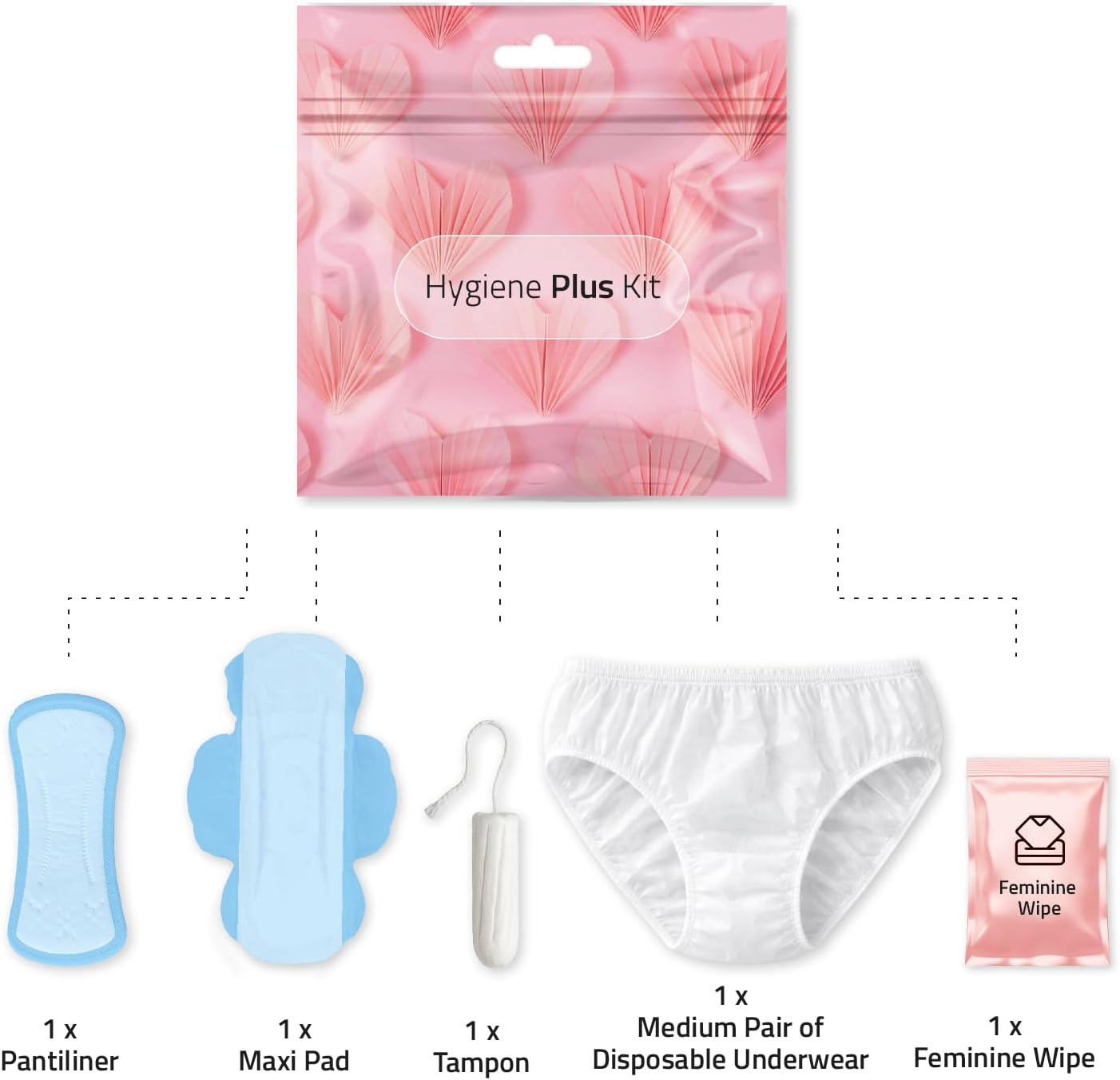 Hygiene Plus Period Kit with Disposable Underwear (Medium) – Menstrual Kit with Tampon, Pad & Pantyliner – Feminine Hygiene Kit for Girls, Teens & Women (Pink Shells)