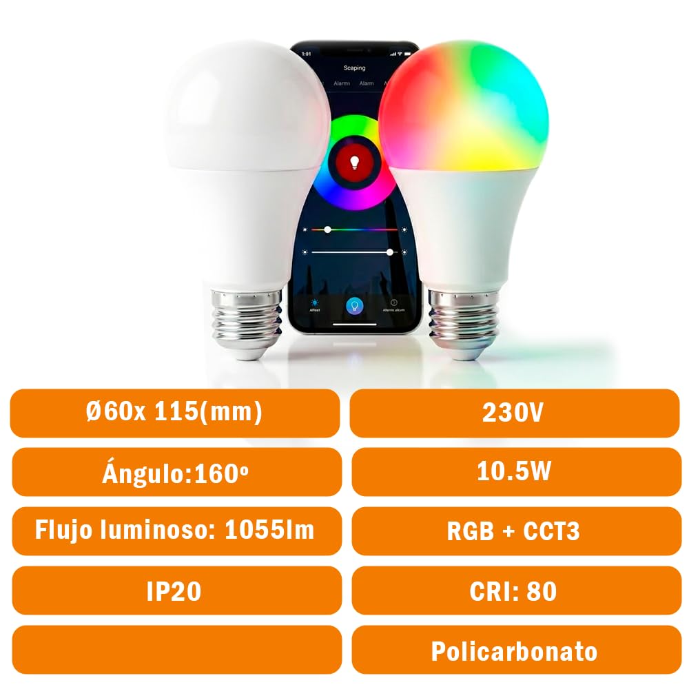 Genérico Bombilla LED Inteligente WiFi E27 A60 10.5W 1055lm RGB + CCT 2700K-6500K, Compatible con Alexa y Google Home, Control App Tuya, 230V, 160° [Clase de Eficiencia Energética F] (5 Pack)