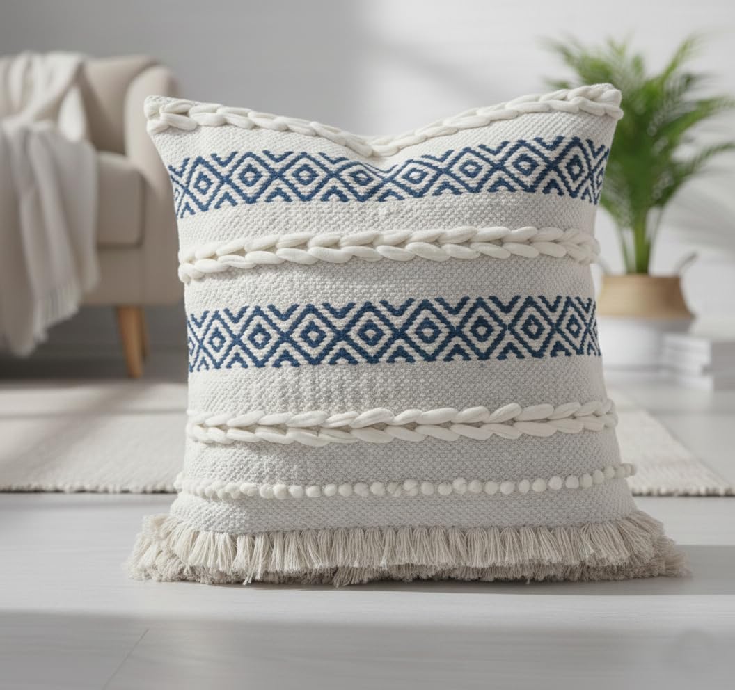 TreeWool Fodera per Cuscino Boho (45x45 cm, Verde Pavone, Confezione da 1) Cuscino Decorativo Tessuto a Mano con Passanti Intrecciati, Motivo Geometrico e Frange - Cuscino Quadrato per Divano