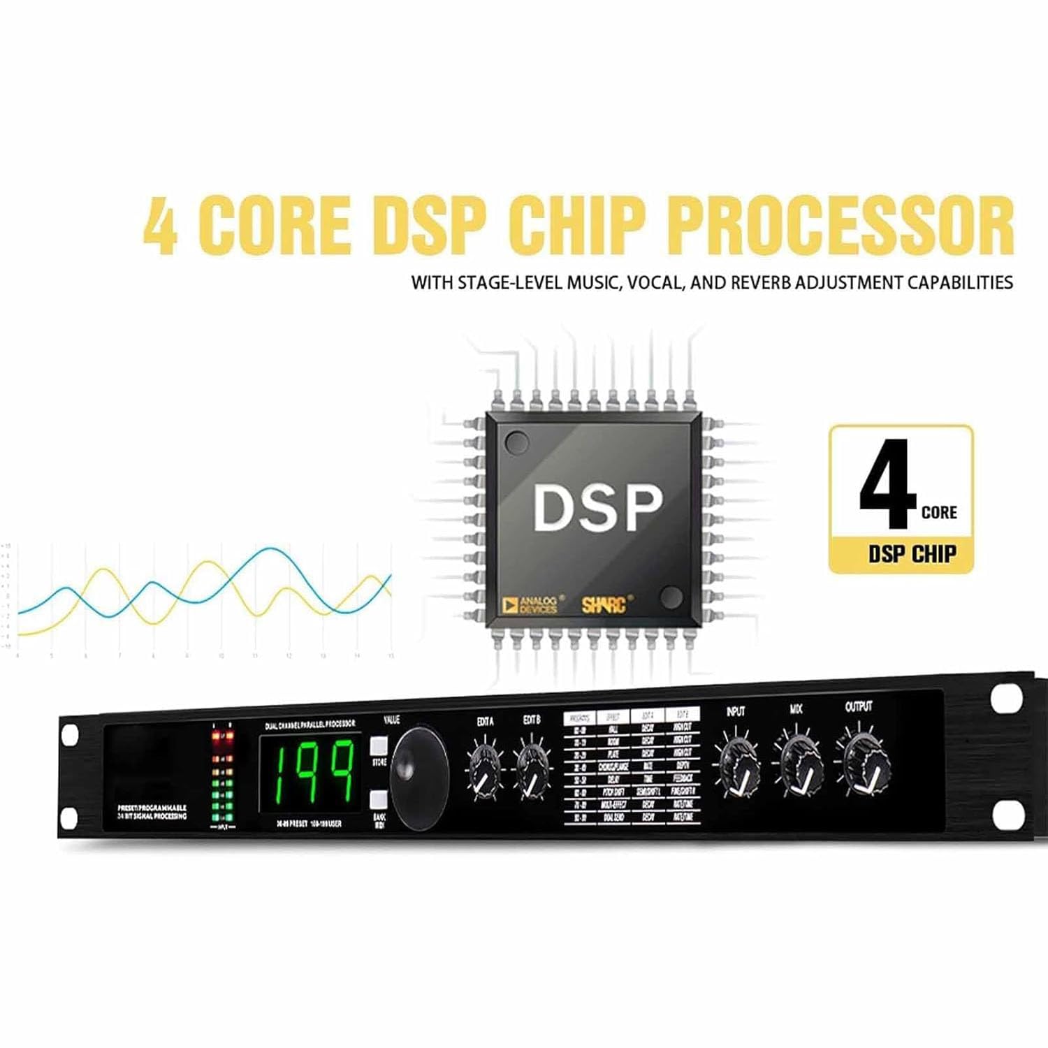 Equalizzatore Processore Audio Professionale, Processore DSP Di Riverbero Digitale, Elaborazione Del Segnale a 24 Bit Preimpostata/programmabile, 99 Programmi Preimpostati, 199 Memoria Di Effetti Sono
