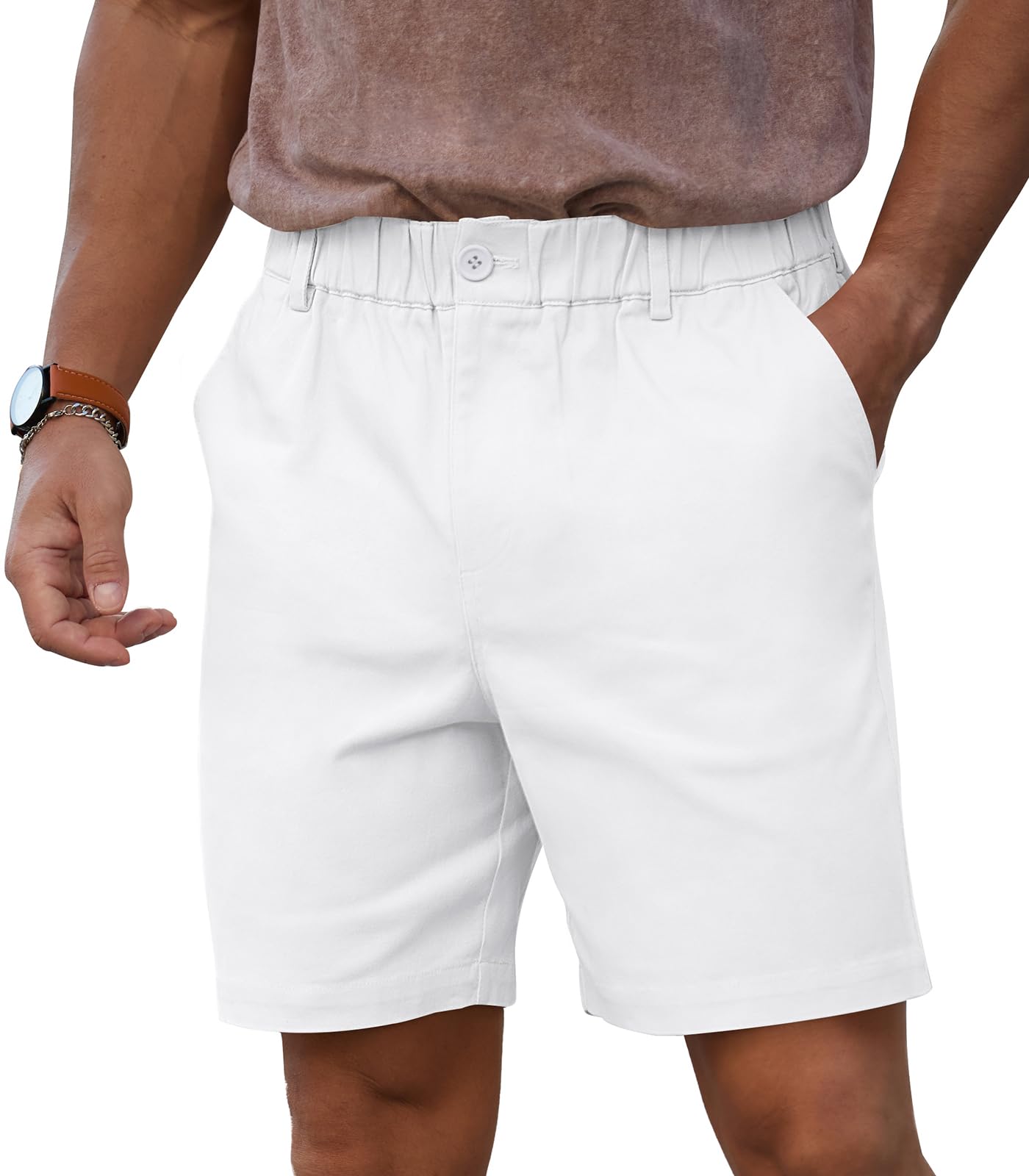 RQP Men's Cotton Casual Shorts Classic-fit 7" Chino Shorts Elastic Waist