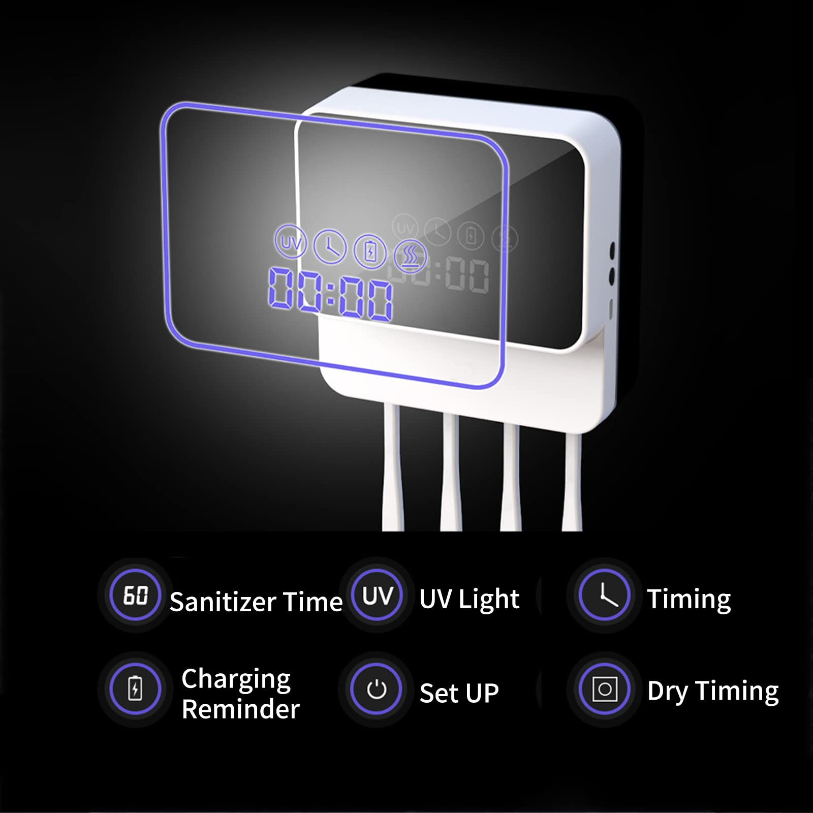 UV-Zahnbürsten-Desinfektionsmittel mit Digitalanzeige, an der Wand montierter Zahnbürstenhalter und -ständer, wiederaufladbar über USB, 4 Steckplätze, für Badezimmer und Waschraum (Weiß)