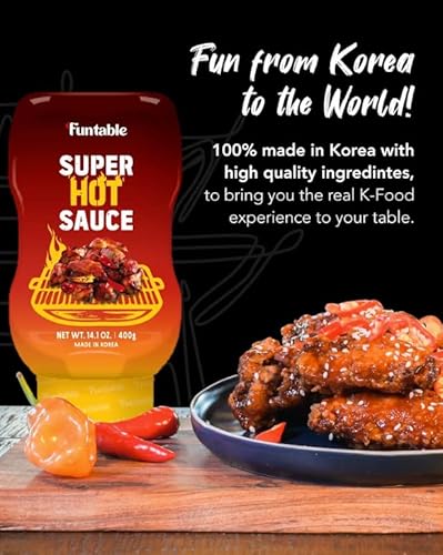 Funtable Super Hot Sauce - Korean-Style Spicy Hot Sauce, Dip Condiment For Chickens, Nuggets, Wings, Fries, Nachos (14.1Oz) #TOP3