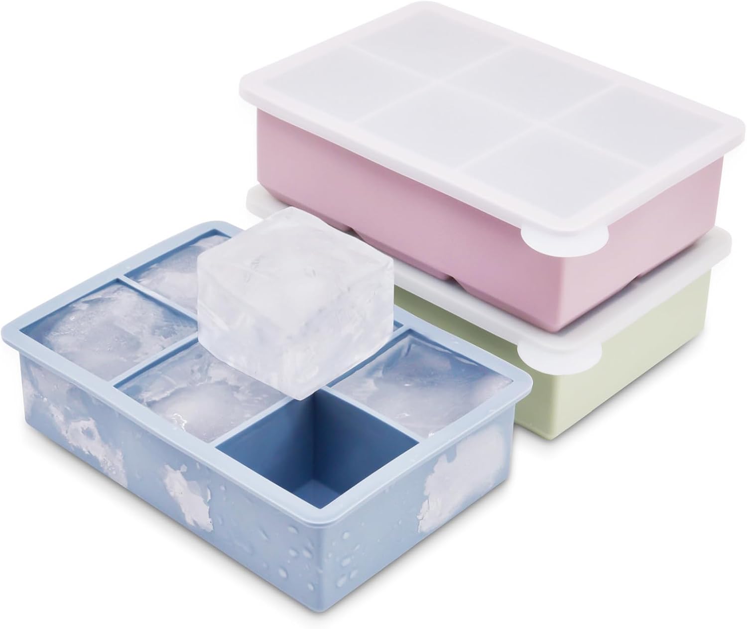 Ice Cube Tray, 3 Pack Silicone Ice Cube Molds with Removable Lid, Easy Release & Reusable Large Square Freezer Trays for Whiskey, Cocktail, Drinks, Coffee, Juice (Blue Pink Green)