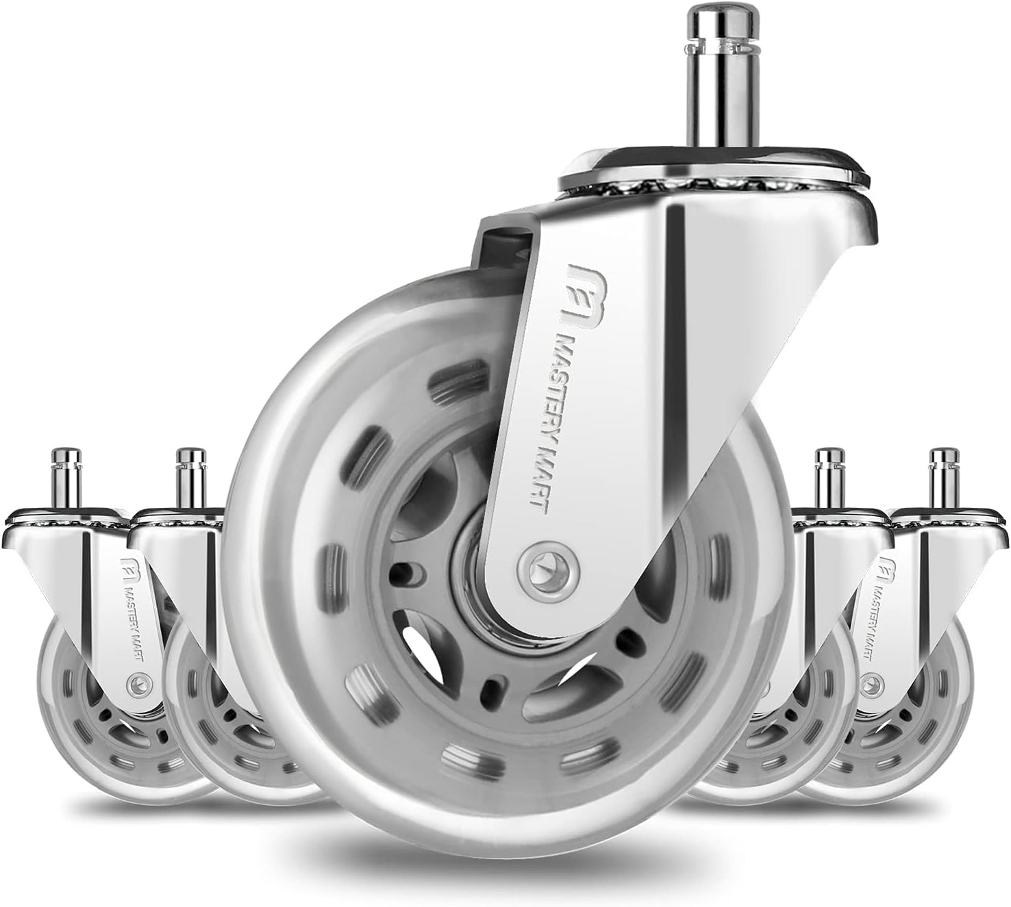 Mastery Mart Office Chair Wheels Replacement 11x22mm, Rollerblade Style Office Chair Castors for Hardwood Floors, Ultra Heavy Duty, Quiet Smooth (Not for 1KEA Chair, Set of 5, Silver)