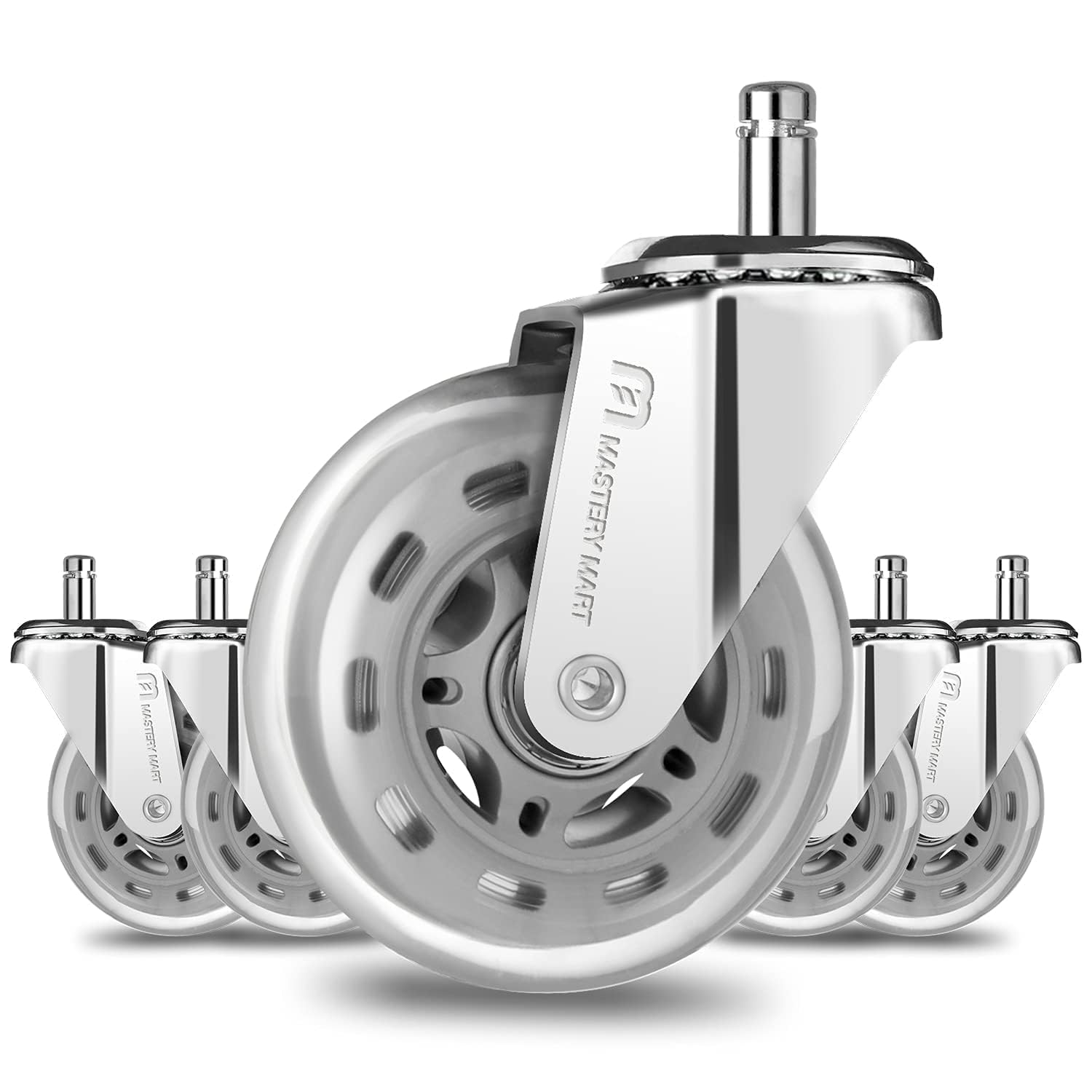 Mastery Mart Kółka do krzesła biurowego, zestaw 5 sztuk, 11 mm x 22 mm, kółka do twardych podłóg, pasują do 98% wszystkich kółek krzeseł, nie do 1KEA, srebrne