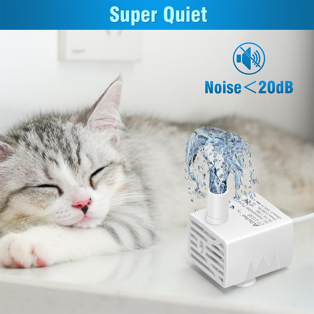 DaToo Bomba de fuente de agua para gatos, ultrasilenciosa, USB, 5 V, sumergible, para mascotas, bomba de repuesto IPX8, impermeable, dispensador de agua para gatos