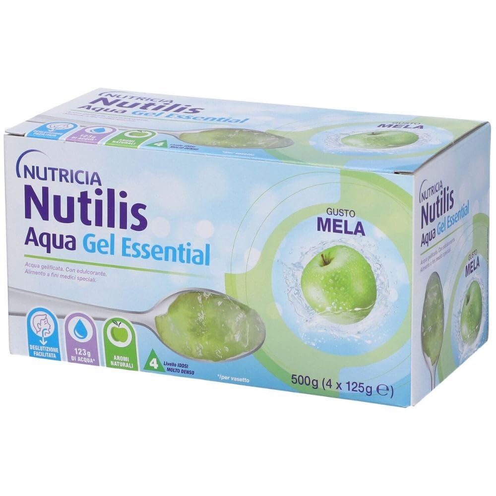 NUTILIS AQUA GEL ESSENTIAL - Acqua Gelificata per la Gestione Dietetica della Disfagia, Senza Zucchero, Glutine e Lattosio, Alimento a Fini Medici Speciali, Gusto Mela - 4 x 125g