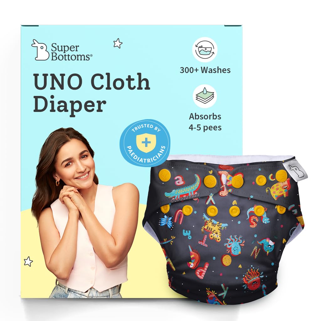 superbottoms UNO Freesize Premium Cloth Diaper for babies (3m-3y) + Organic Cotton Pad | Washable & Reusable 300+ Times | Superior Absorption | Waterproof | Super Soft & Gentle - Alphabets, 1 count