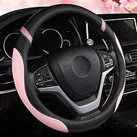 Cxtiy Pink Leather Steering Wheel Cover for Women - Universal 15 Inch Anti-Slip Breathable Car Cover