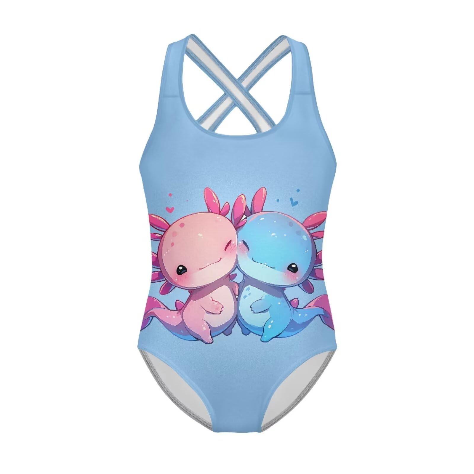 JUDENTIDOS Cute Cartoon Axolotl Swimsuits for Cross-Back Straps Summer One Piece Bathing Suit for Girls 5-14 Gymnastics Leotards