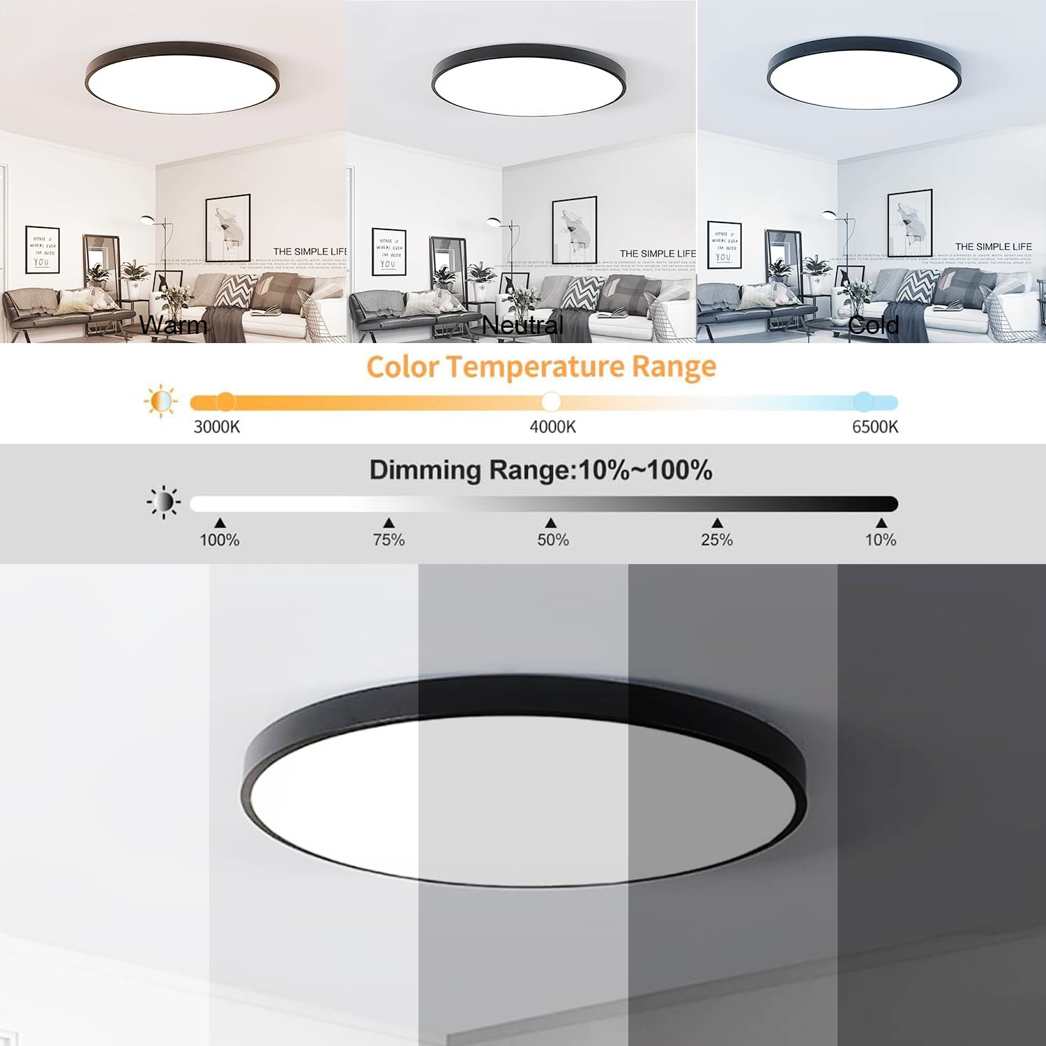 Nowoczesna lampa sufitowa LED do zabudowy, 50 cm (20 cali), 36 W, możliwość ściemniania, czarna, do salonu i sypialni.