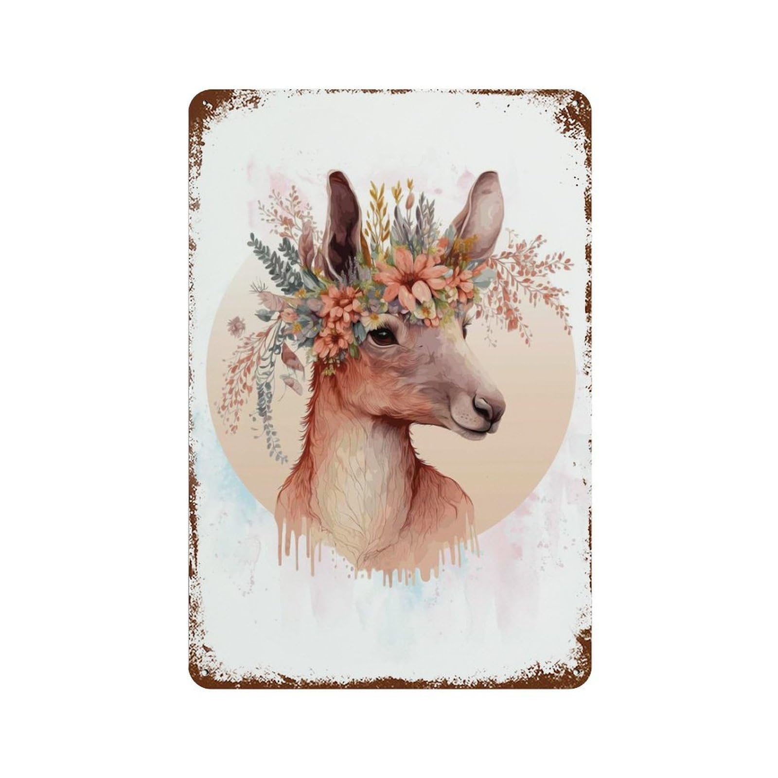 Aged Metal Wall Plaque with Watercolor Kangaroo Art Design 11.8"x7.9", for Shed, Workshop And Garage Wall Decor, Decorative Metal Wall Art