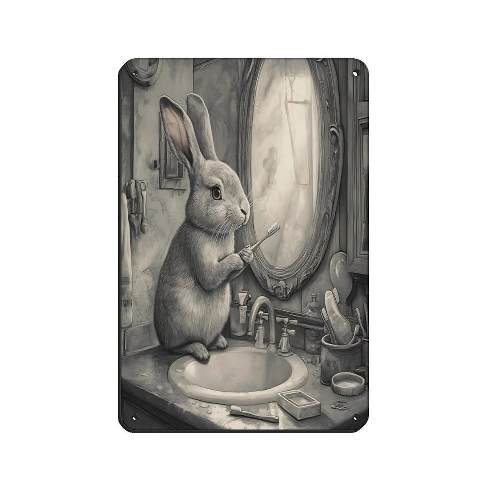 Whimsical Rabbit Bathroom Art Tin Sign Vintage Metal Pub Club Cafe Bar Home Wall Art Decoration Poster Retro 8x12inch(20x30cm)
