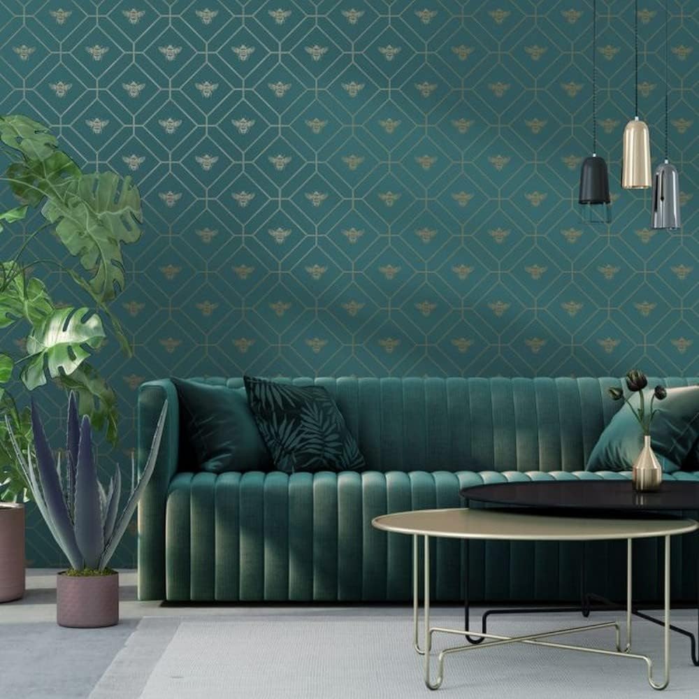 Honeycomb Bee Metallic Geometric Wallpaper Perfect for Bedrooms Living Rooms Feature Walls Navy Blue World of Wallpaper 50401