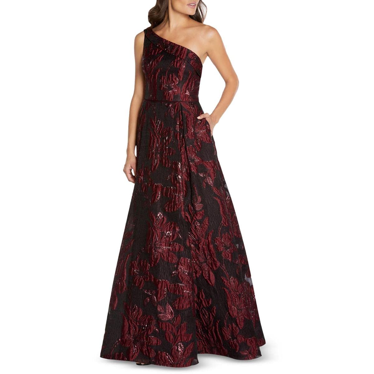 Aidan Mattox Womens Metalllic One Shoulder Evening Dress