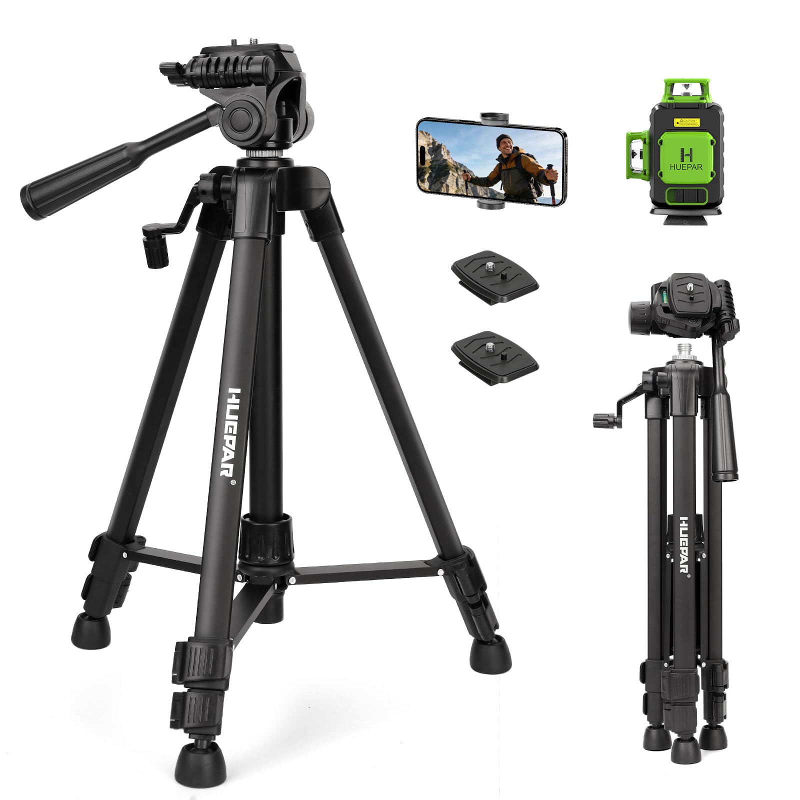 Huepar Trépied de niveau laser de 119,4 cm, trépied pour mesures de distance laser, téléphone et appareil photo, trépied professionnel en aluminium avec support de filetage de 6,35 mm, sac de