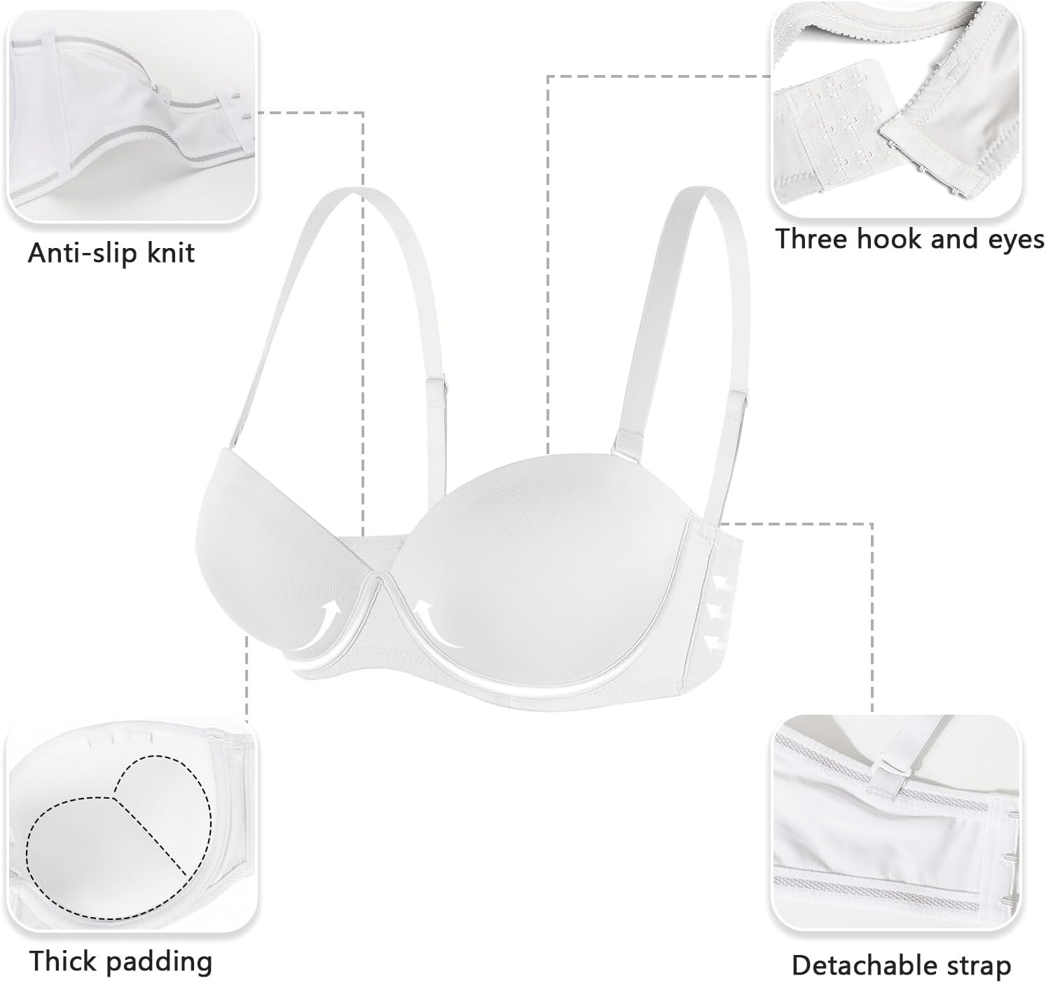 Plusexy Women's Push Up Strapless Bra Thick Padded Underwire Convertible Multiway Bras - Image 4