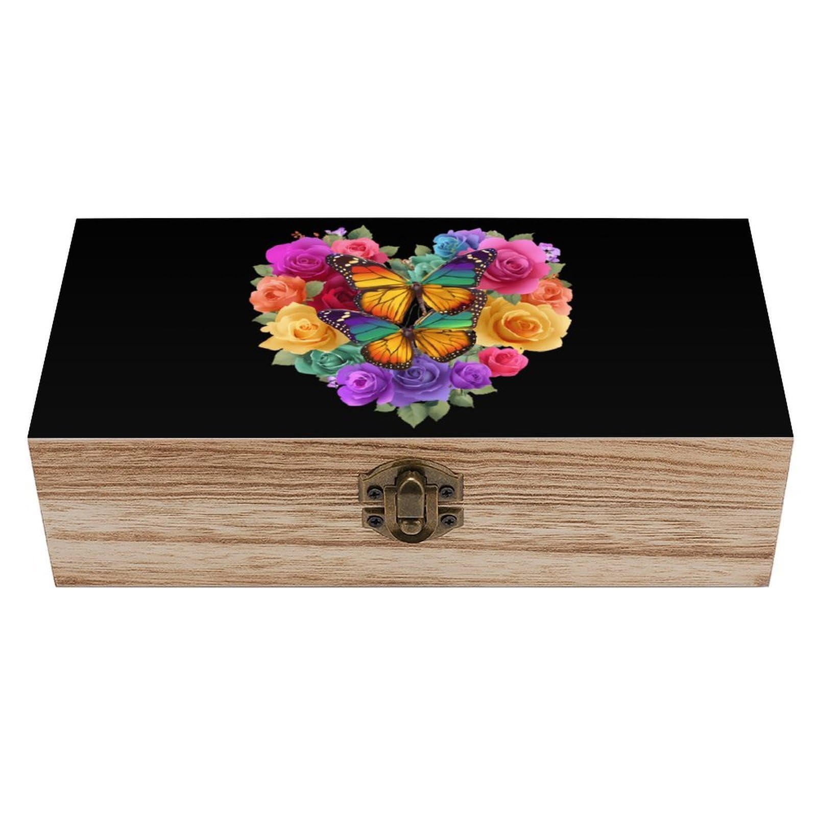 HLBSDM Butterfly Rose Flower Heart Wooden Box with Hinged Lid Decorative Storage Case Container