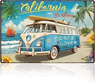 Summer California Surfing Bus Retro Wall Decor Metal Tin Sign 8" x 12" Beach Vacation Vintage Wall Art Poster for Seaside Home Coffee Room Clubs Bathroom Decor Gift