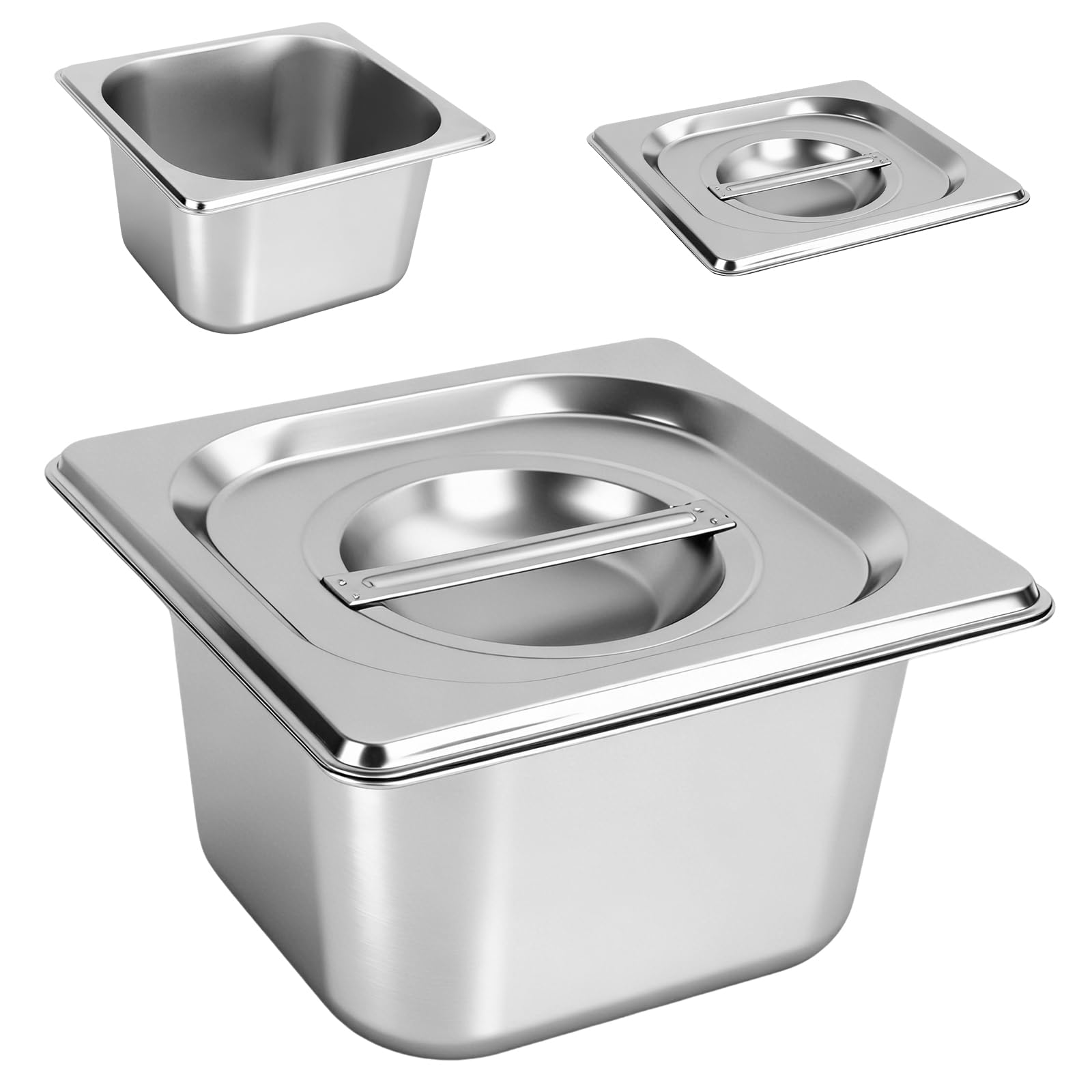 Contenitore GN 1/6, Set da 6 Vasche GN 1/6 in Acciaio Inox | Vaschette Inox da 10 cm di Profondità con Coperchio, Contenitori Gastro Impilabili, Bacinelle per Bagnomaria e Conservazione