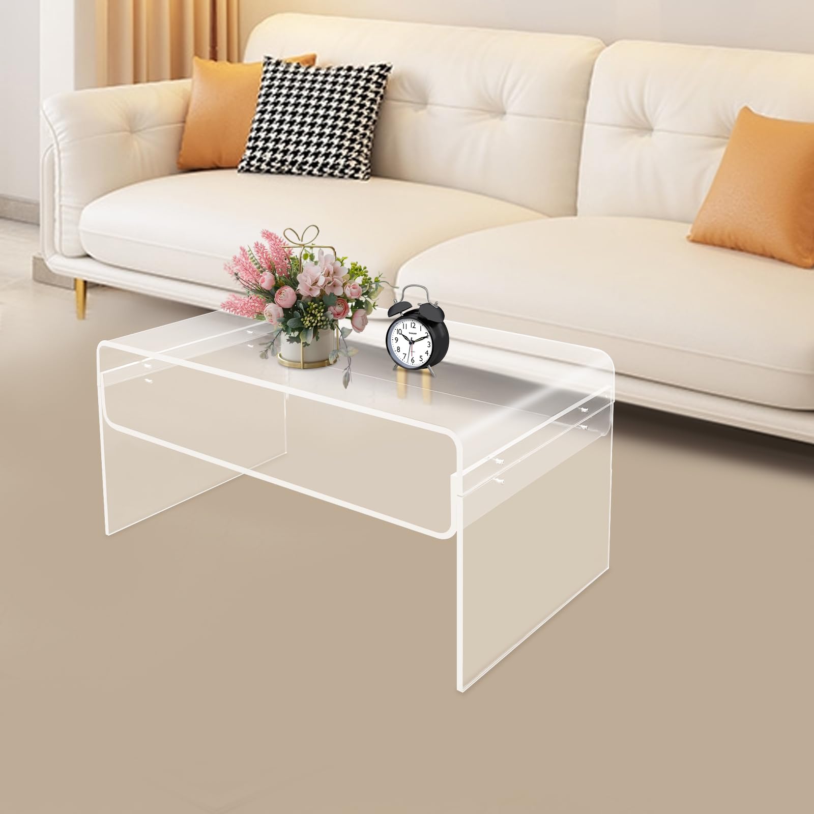 Acryl Beistelltisch Couchtisch Coffee Table Wohnzimmertisch, Moderner Transparenter Wohnzimmer Tisch Tragkraft 60 kg, für Kaffee, Bücher, Snacks und Tassen, 88 x 58 x 18 cm