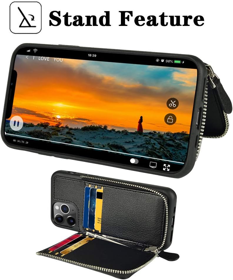 LAMEEKU iPhone 11 Pro Max Wallet Case, iPhone 11 Pro Max Leather Case, Shockproof Apple 11 Pro Max Credit Card Holder Slot Cases with Zipper Wallet, Protective Cover for Apple iPhone 11 Pro Max Black