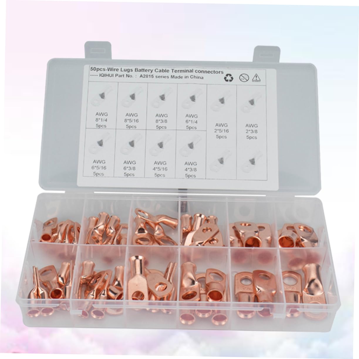 Abaodam 50Pcs Heavy Duty Wire Lugs Connector with Models Closed Ends Bare Copper Tubular Ring Terminal Connectors for Battery Cable Crimping and Wiring