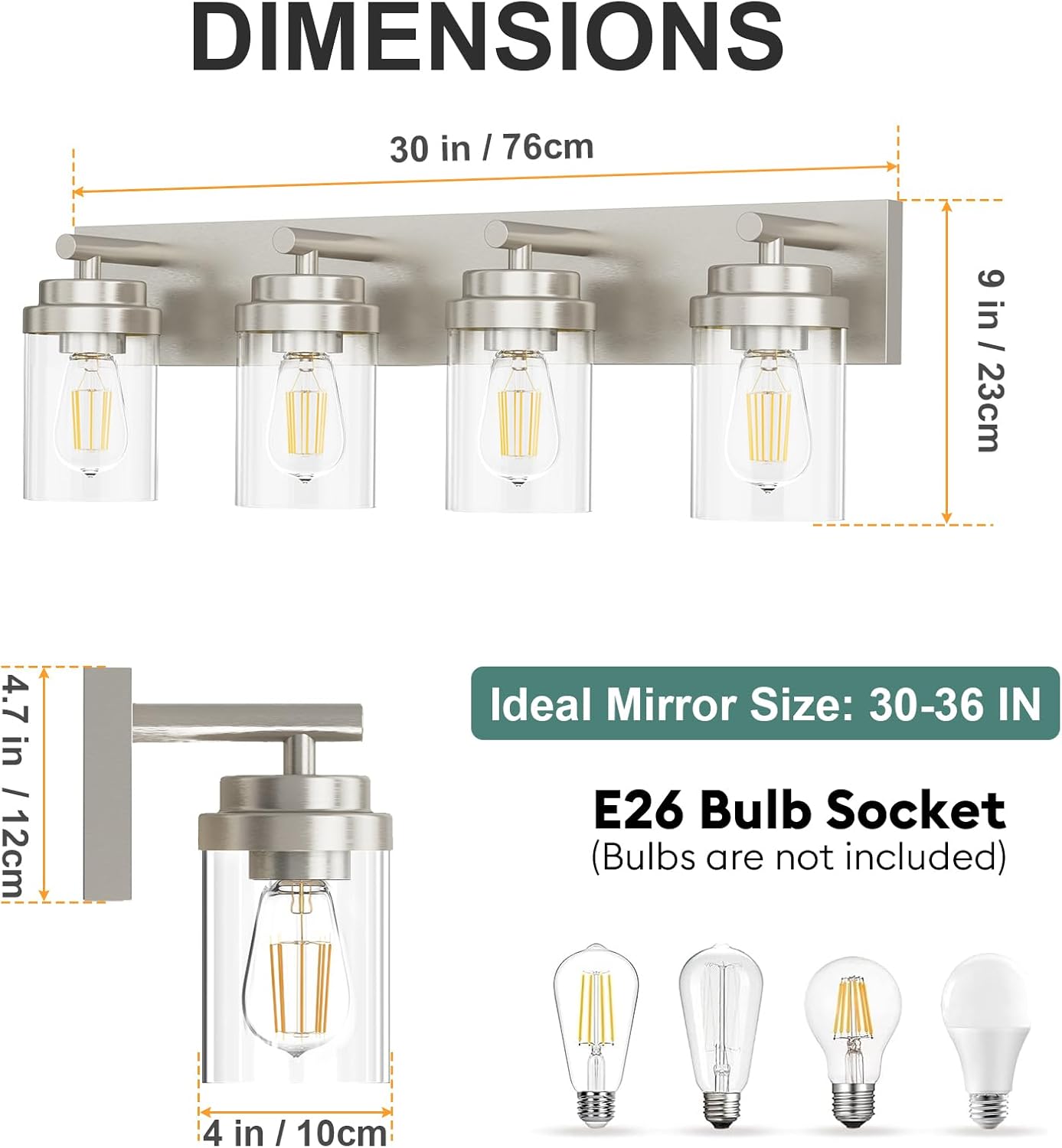 IZORRO Bathroom Vanity Light Fixture, 4-Light 30 Inch Brushed Nickel Bathroom Light Fixtures Over Mirror, with Clear Glass Shade, Modern Farmhouse Vanity Lights, Rustic Restroom Lighting Fixtures Nickel-Clear Glass Shade 4-light