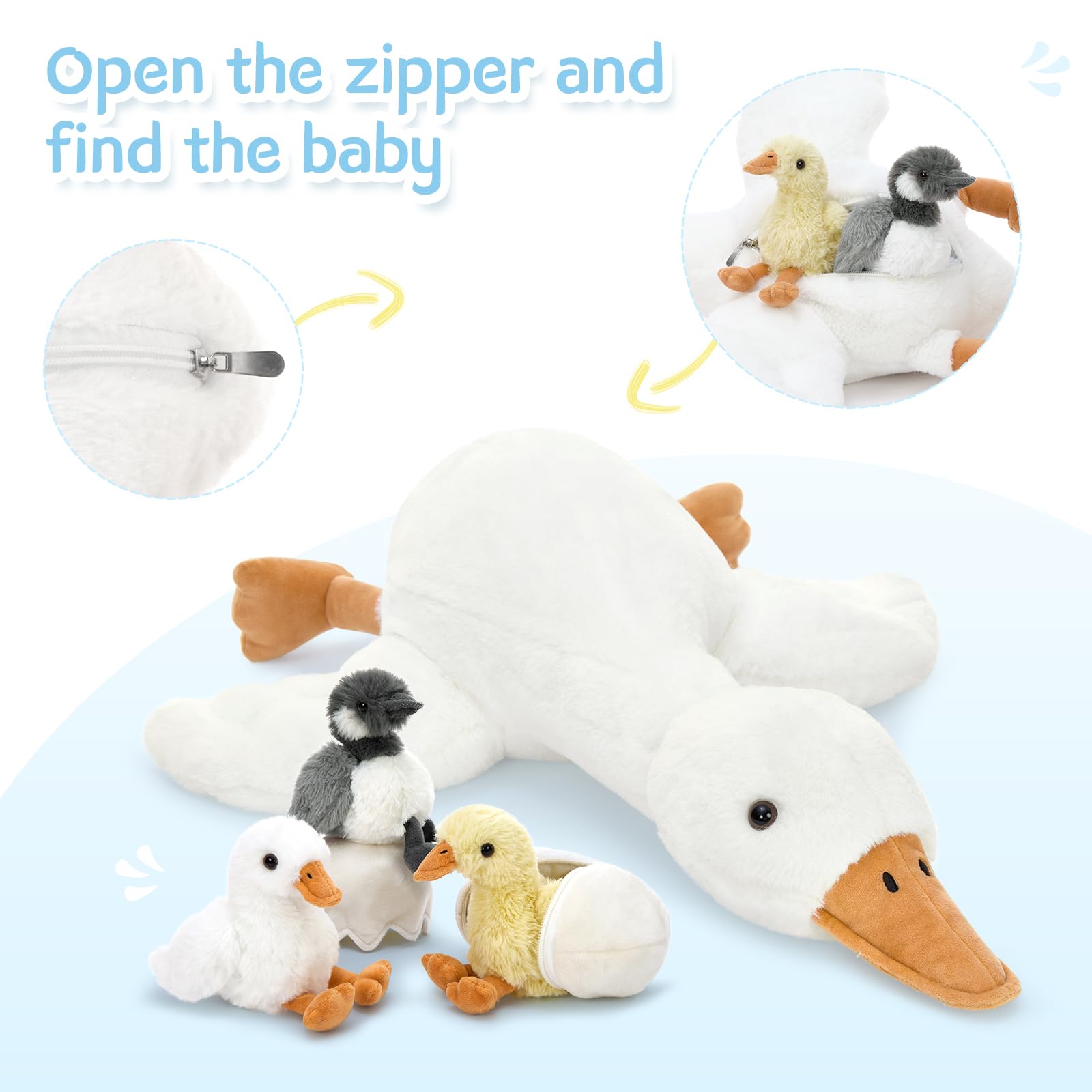 MorisMos riesen Gans Kuscheltier XXL mit 3 Babys im Bauch, 60cm lang groß Plüsch Ente Stofftier Plüschtier, Gänse gooseteddy Geburtstag Weihnachten Geschenk Kinder