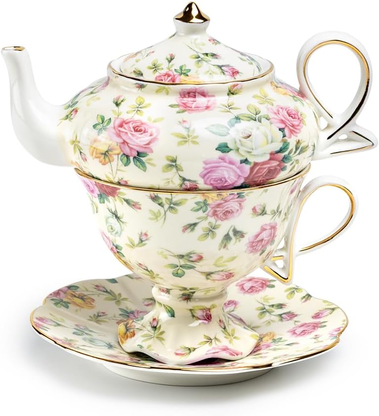 Gracie China by Coastline Imports 4-Piece Porcelain Tea for One, Stacked Teapot Cup Saucer, Cream Cottage Rose Chintz