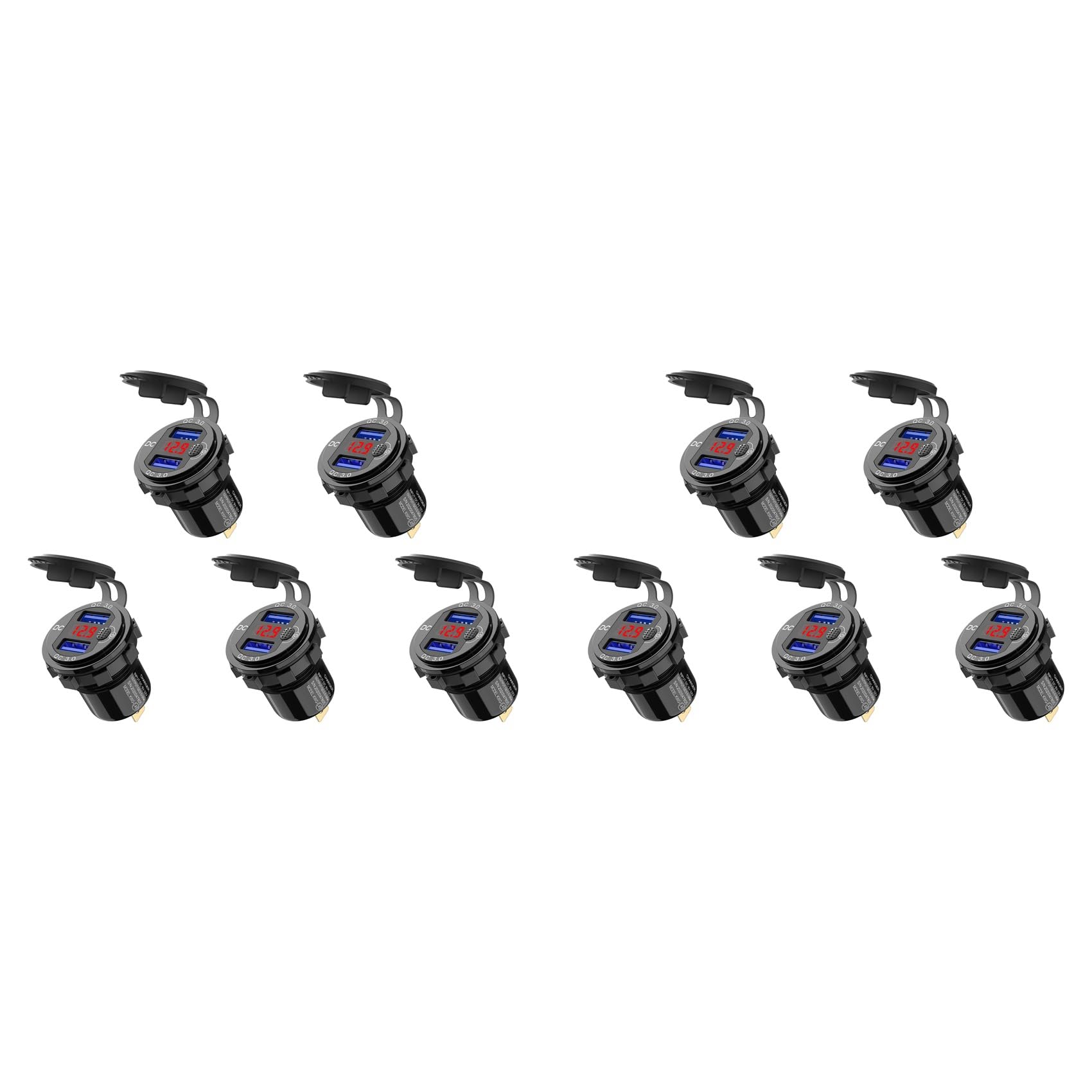 10X Cargador de Coche USB de Carga Rápida 3.0 Dual 12V, Enchufe de Aluminio con BotóN de Interruptor y VoltíMetro Digital Rojo, Impermeable
