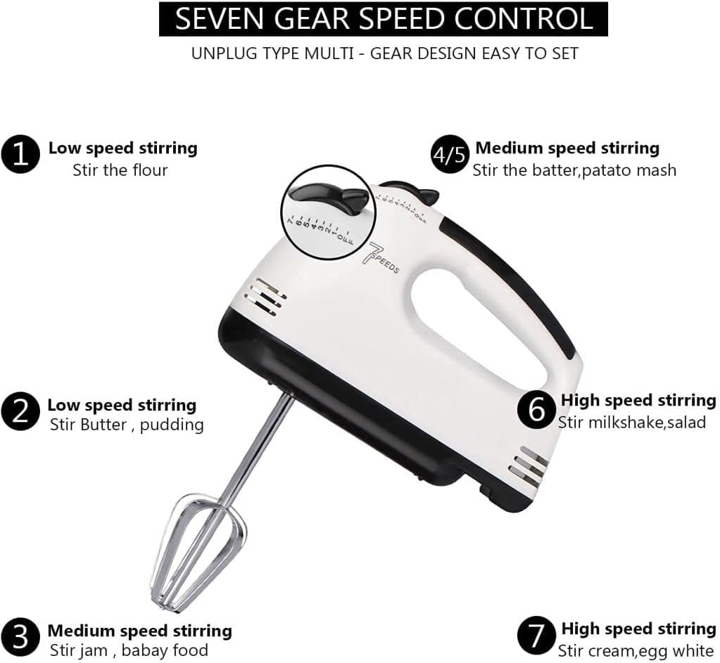 Electric Hand Mixer, 7 Speed Settings, 260W, with 4 Attachments, White and Black