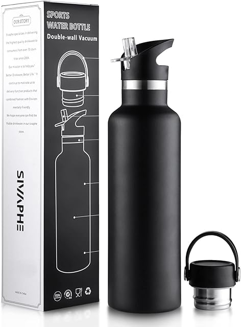 Sivaphe Water Bottle Insulated Bottle Drink Flasks Leak-Proof for Sports Outdoor Stainless Steel, Double Walled Vacuum with Lids and Straw 750ml Black