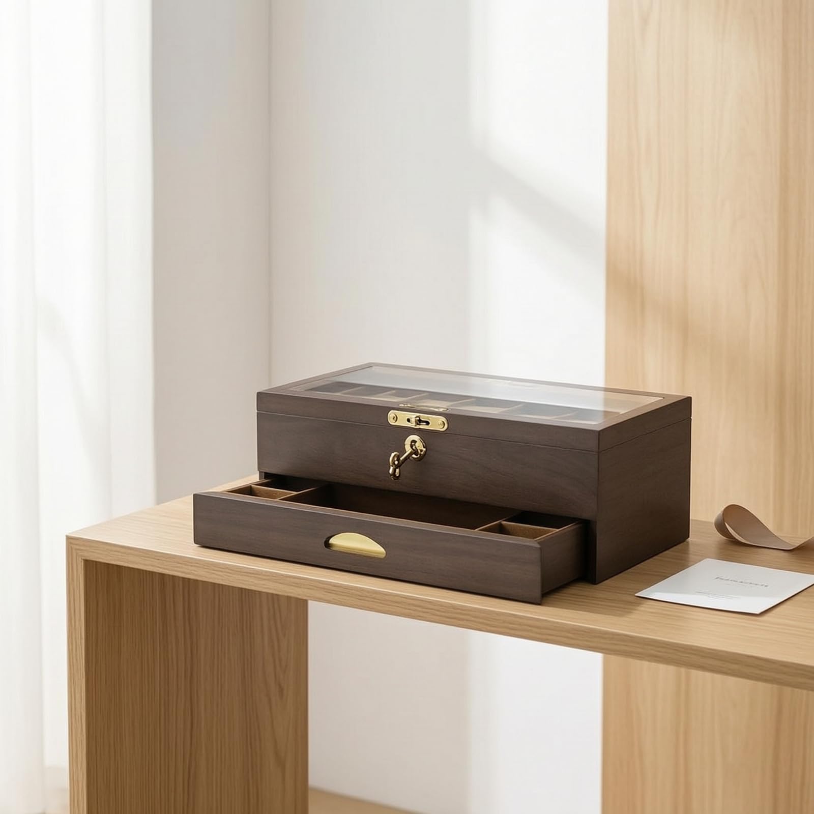Organizador Relojes con Tapa Cristal Compacto Joyero con Cierre Cómodo Organizadora Joyas Tapa Cristal para, Caja De 6 Relojes De Doble Capa Con Cajón, Acabado En Nogal Negro