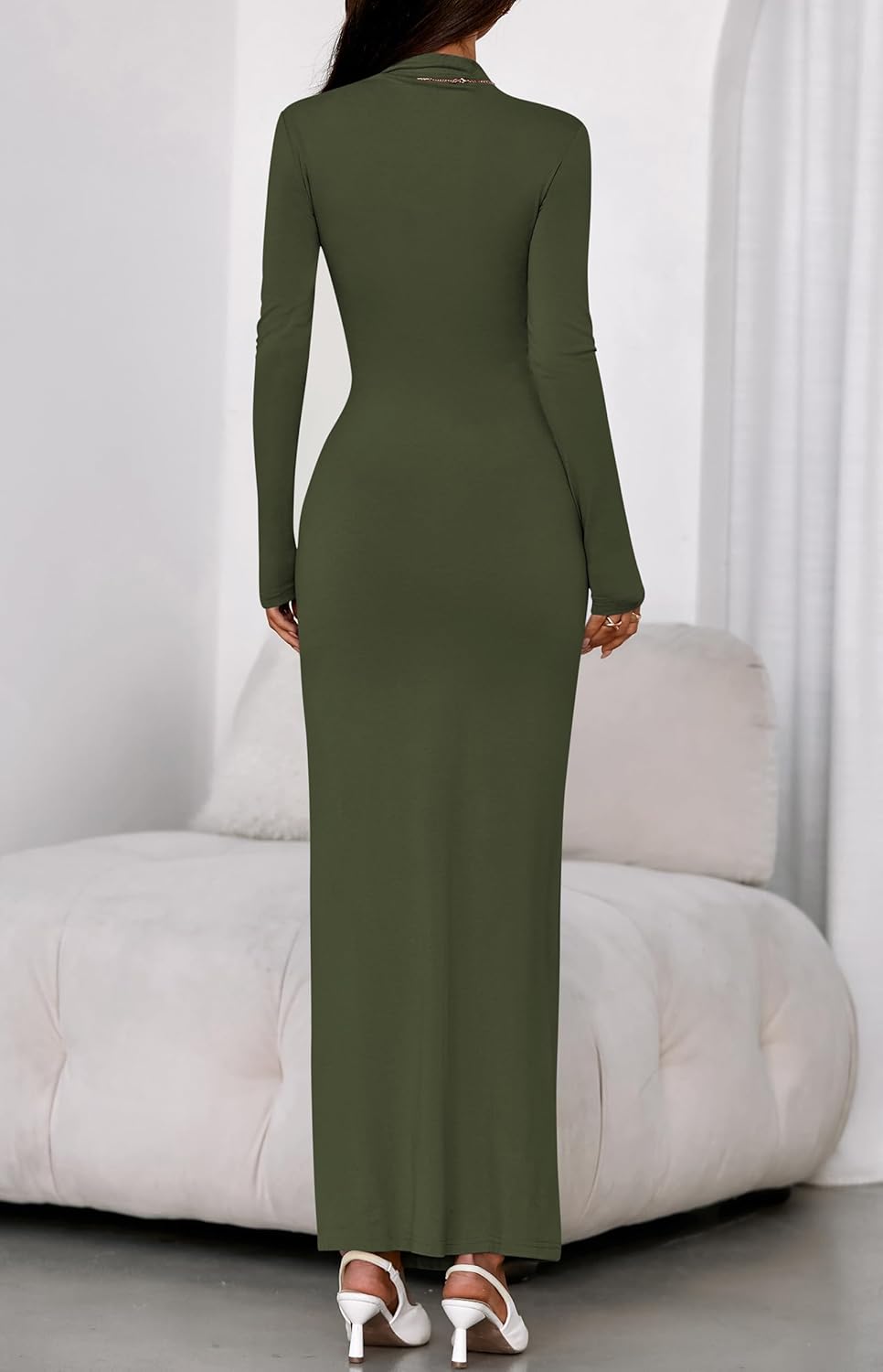 BTFBM Formal Dresses for Women 2026 Spring Long Sleeve Mock Neck Ruched Bodycon Slit Maxi Wedding Guest Dress Cocktail - Image 3