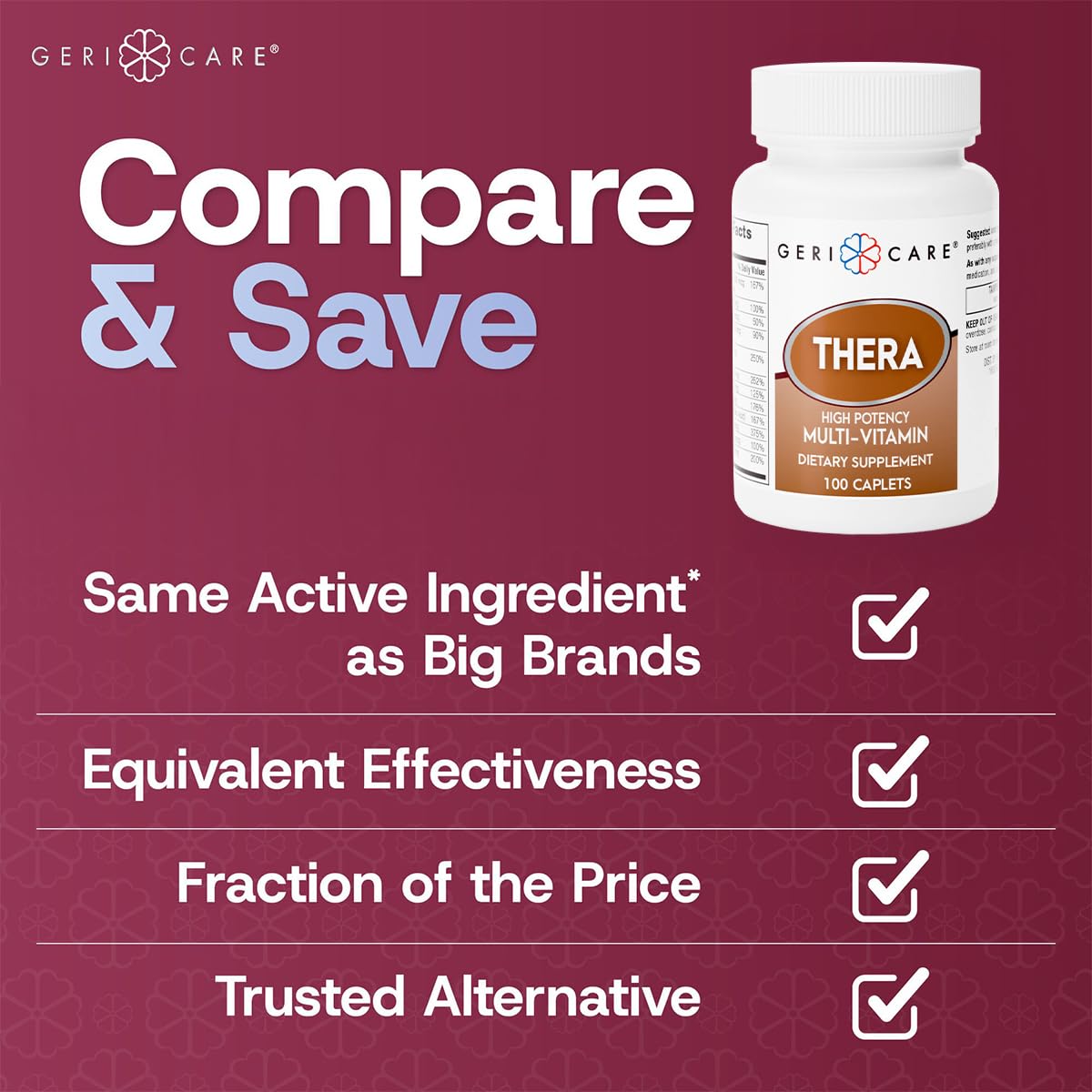 GeriCare Thera High Potency Multivitamin Caplets, Blend of Vitamins and Minerals to Ensure Maximum Nutritional Support Antioxidant Protection Supplement, 100 Count (Pack of 1) — Amazon image 4
