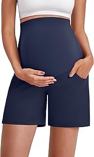 Maternity Shorts Over Bump with Pockets Athletic Stretchy Maternity Clothes Pregnancy Yoga Shorts Summer Biker Active
