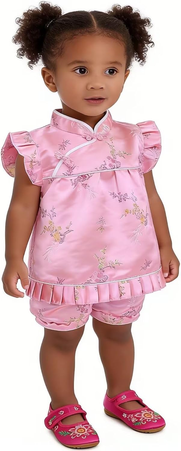 Little Girl Chinese Qipao Dress Suit Traditional Cheongsam Top + Pant Baby Girls New Year Costumes Plum Blossom Pink XL