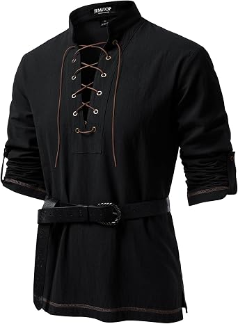 JEMITOP Mens Renaissance Cotton Lace Up Shirt Mandarin Collar Long Sleeve Costume for Medieval Pirate Viking Without Belt