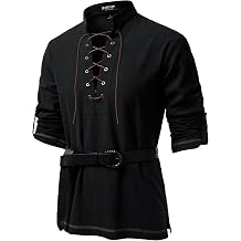 JEMITOP Mens Renaissance Cotton Lace Up Shirt Mandarin Collar Long Sleeve Costume for Medieval Pirate Viking Without Belt