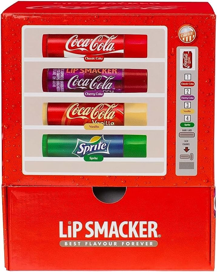 Lip Smacker, Set de Bálsamos Labiales Coca-Cola, Cacao Labios en Dispensador Coca Cola, Pack Regalo para Niñas, Protector Labial en 4 Sabores, Coca-Cola, Cereza, Vainilla y Sprite