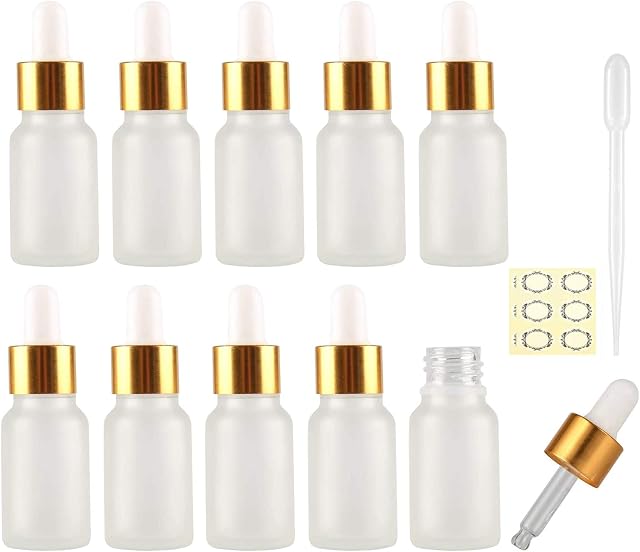 Yalbdopo 10Pcs, 5ml Frosted Clear Glass Bottles with Dropper Pipettes, Mini Empty Dropper Bottles Golden Aluminum Alloy Cap Refillable Sample Container for Essential Oils/Massage Oils/Chemical Liquid