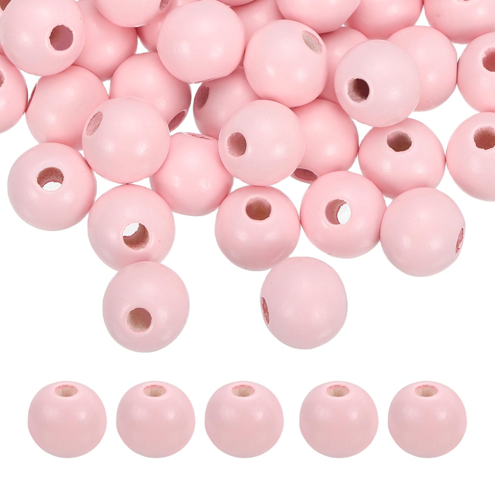 sourcing map 50pcs Light Pink Colored Wooden Beads 12mm Dia. 3.3mm Hole Large Round Natural Dyed Wood Loose Spacer Ball Bulk for DIY Bead Crafts Making Home Decor