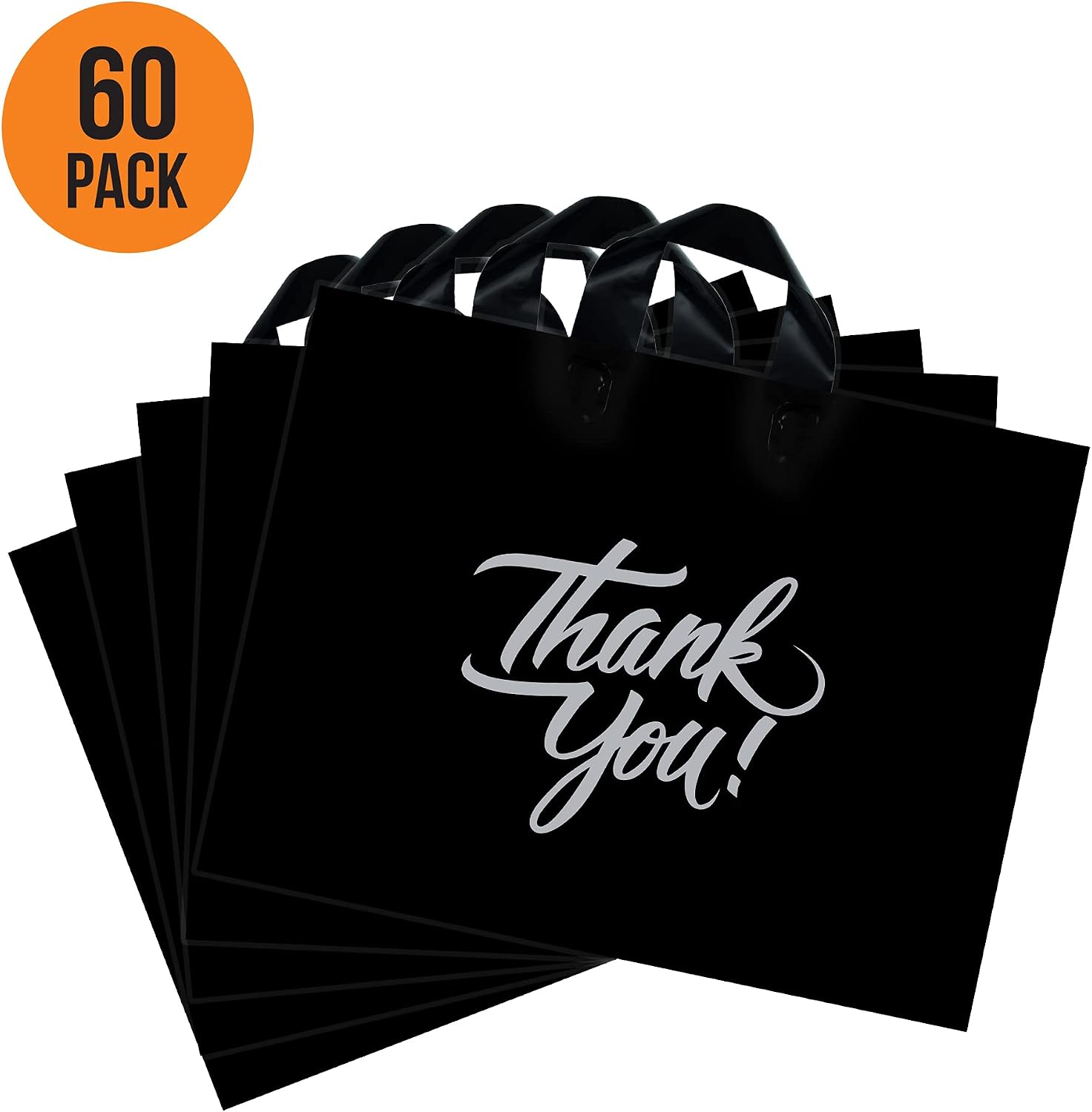 Infinite Pack Large 60pcs Thank You Merchandise Bag with Handle, Boutique Bag with 3" Bottom Gusset & 2.35-3 Mil Thick, Glossy Bag for Grocery, Shopping, Business, Clothing, Trade Shows