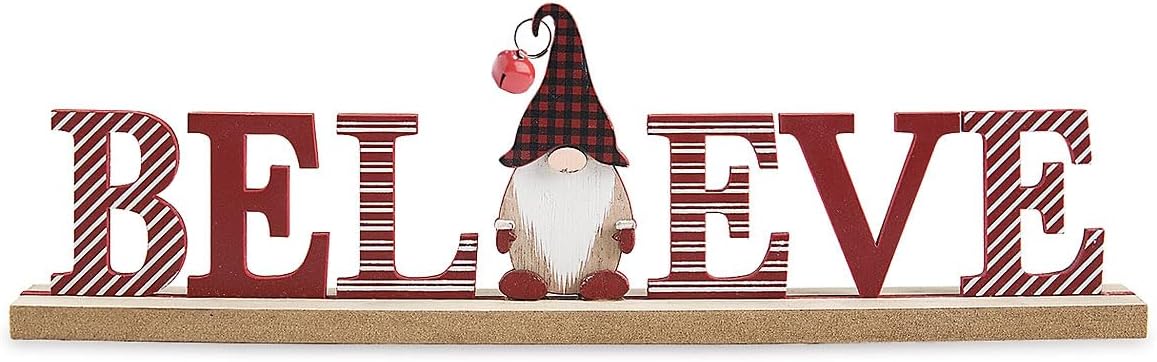 Lillian Vernon Christmas Believe Gnome Table & Shelf Sitter Sign, Seasonal Tabletop Decorations & Rustic Indoor Home Decor, 12” Long, MDF & Wood