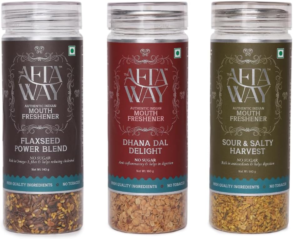 - The AftaWay No Sugar Festival Special Mukhwas Combo 440g (Pack of 3) – Sour & Salty Harvest, Flaxseed Power Blend, Dhana Dal Delight | Indian Mouth Freshener | After-Meal Mukhwas Festive Gifting Combo