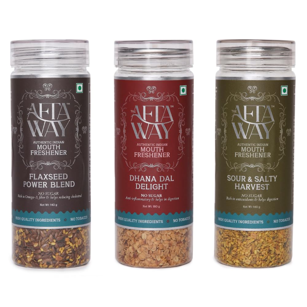 The AftaWay No Sugar Mukhwas Combo 440g (Pack of 3) – Sour & Salty Harvest, Flaxseed Power Blend, Dhana Dal Delight | Indian Mouth Freshener | After-Meal Mukhwas | No Tobacco | Healthy Snack Gift Pack